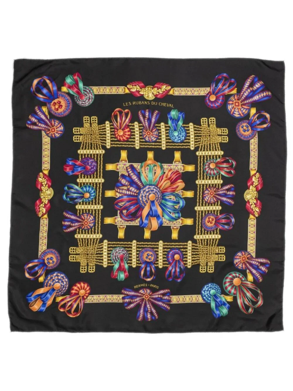 Hermes Scarf Black Gold Red Twill Silk